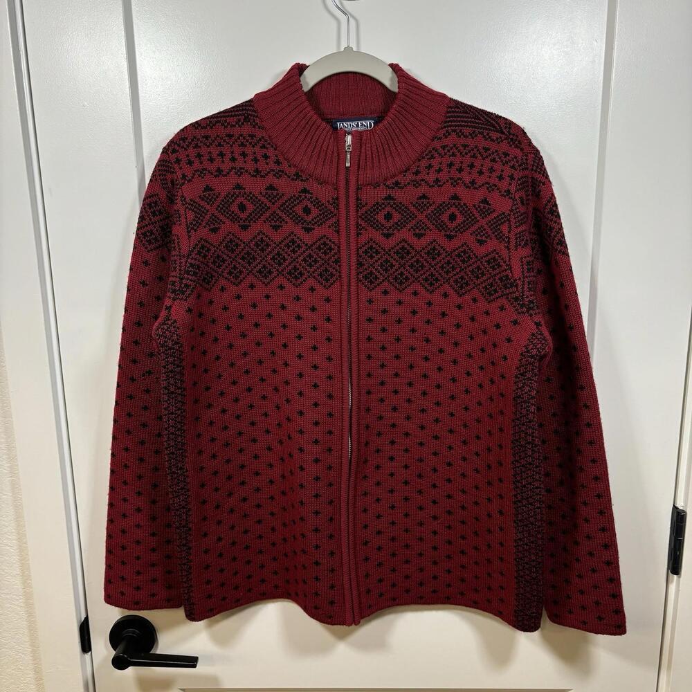 VTG Lands End Fair Isle Zip UP Sweater Womens Medium Red Nordic 100% Merino Wool